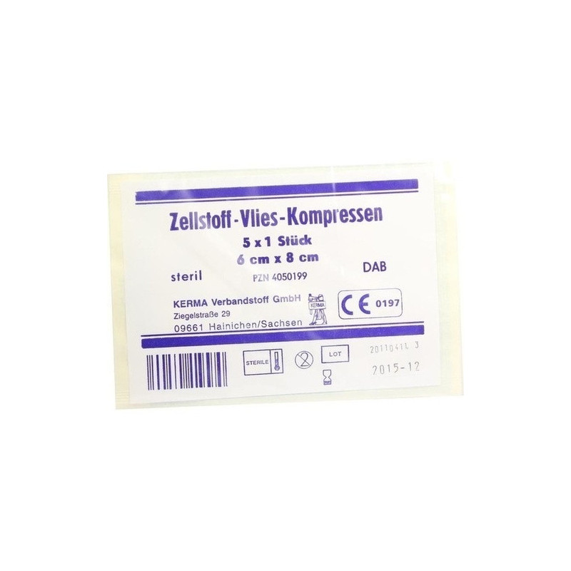 ZELLSTOFF VLIES KOMPRESSEN 6x8 cm steril, 5X1 ST – PZN 4050199