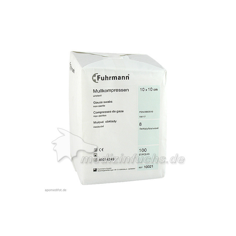 Mullkompressen 10x10cm unsteril 8-fach, 100 ST – PZN 960510
