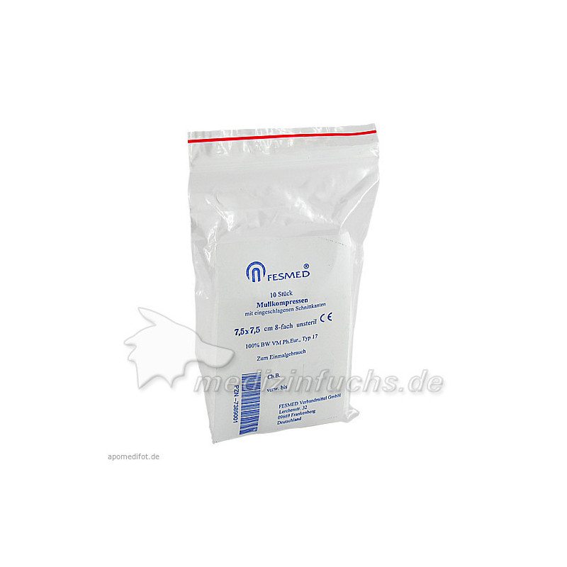 Mullkompressen unsteril 7.5x7.5cm ES 8F, 10 ST – PZN 7389001