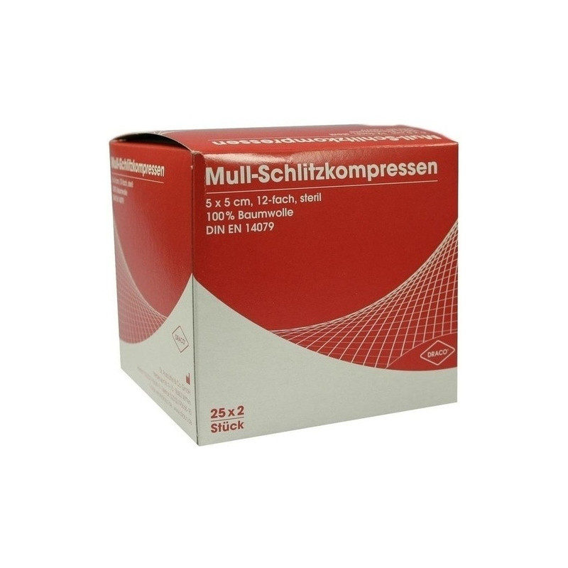 SCHLITZKOMPRESSE Mull 5x5cm 12fach steril Ausb, 25X2 ST – PZN 816204