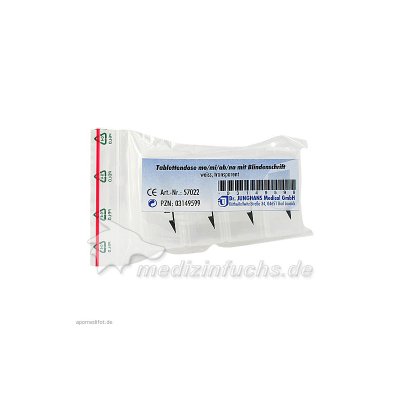 Tablettendose mo/mi/ab/na m.Blindenschr.weiß trans, 1 ST – PZN 3149599