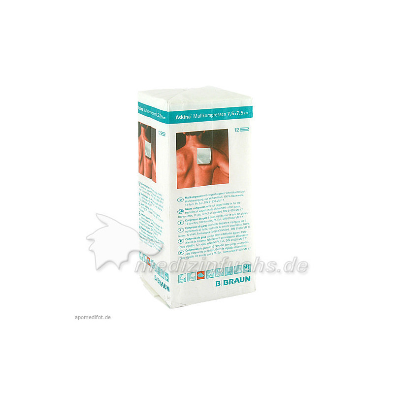 ASKINA MULLKOMPRESSEN 7.5X7.5CM 12 fach unsteril, 100 ST – PZN 6874562